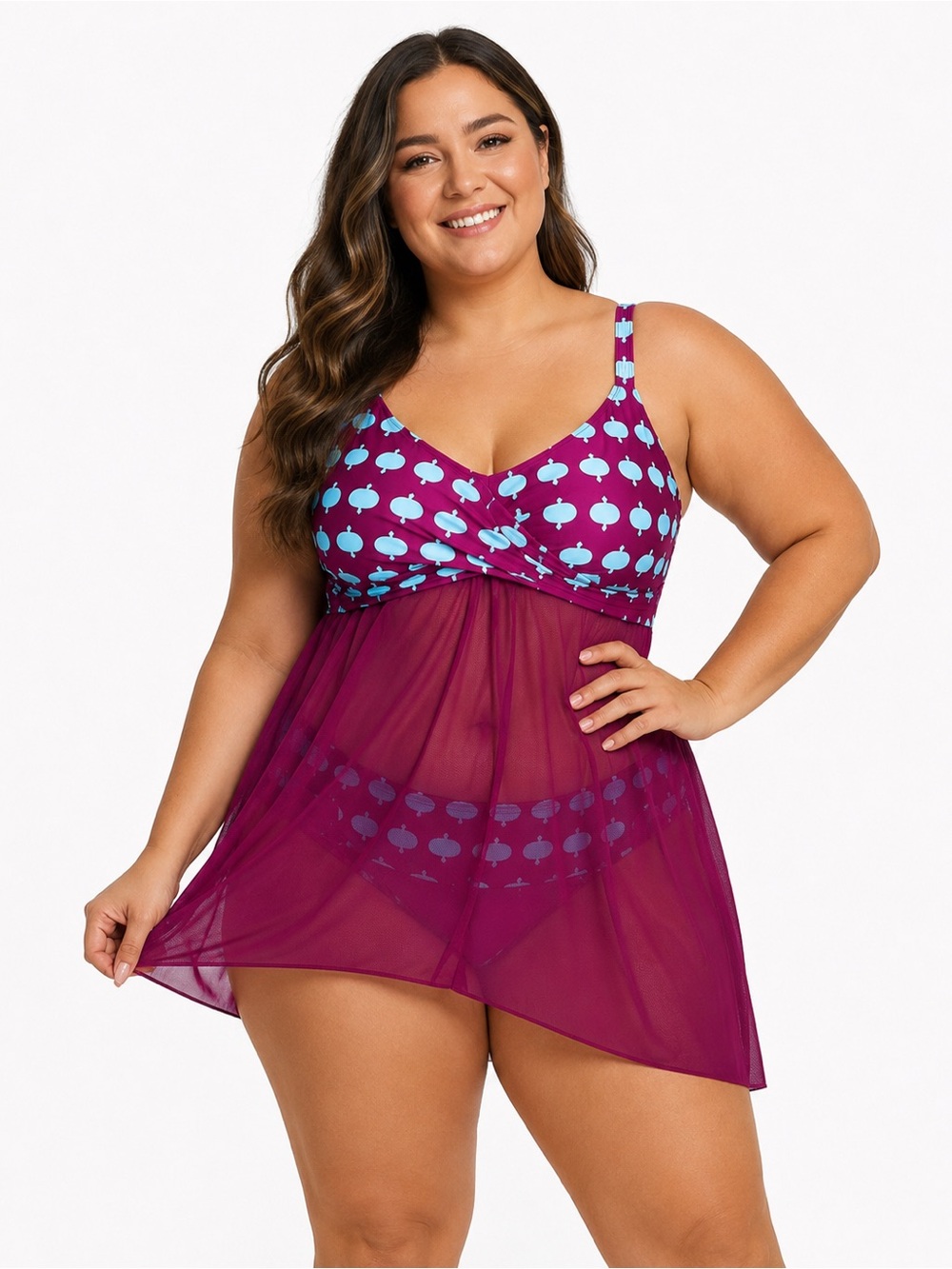 Magenta Blue Polka Dot Print Mesh Sheer Top Two-Piece Plus Size Tankini Swimsuit